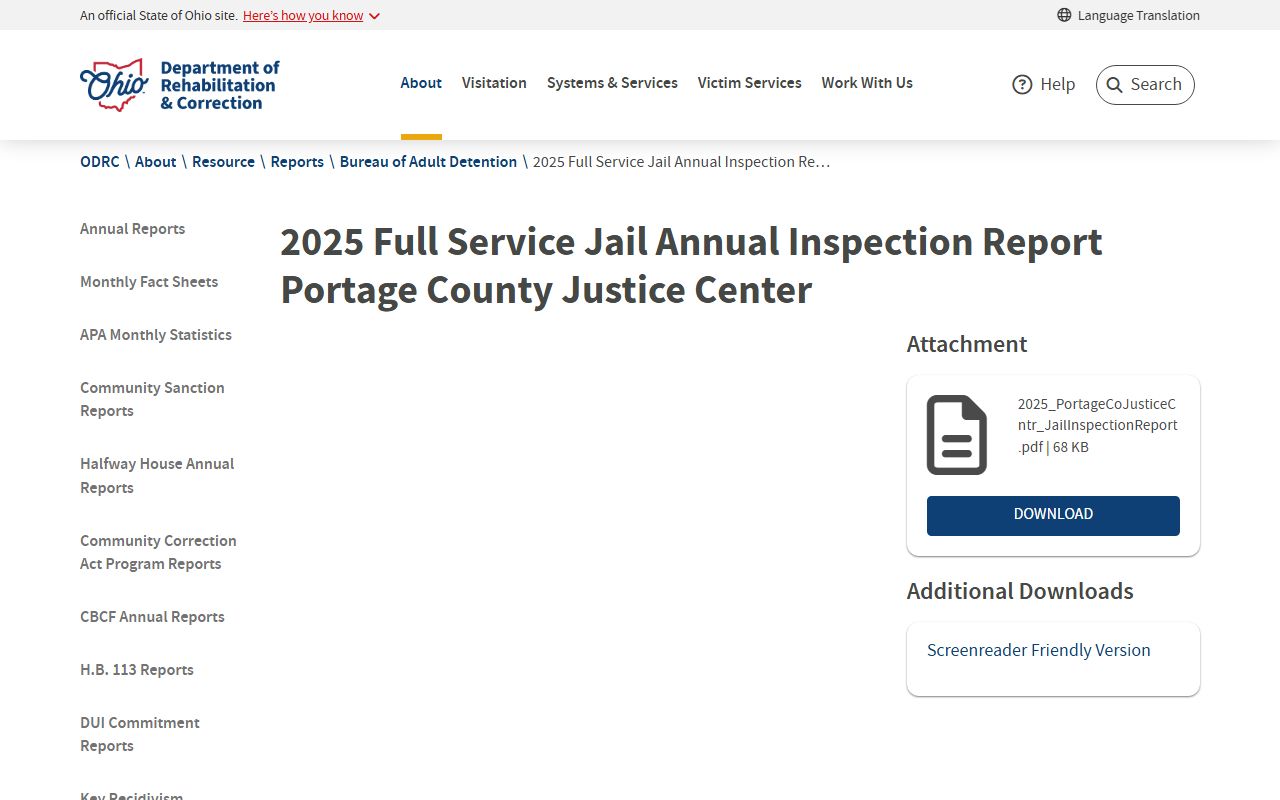Portage County inmate population 2025 jail inspection source