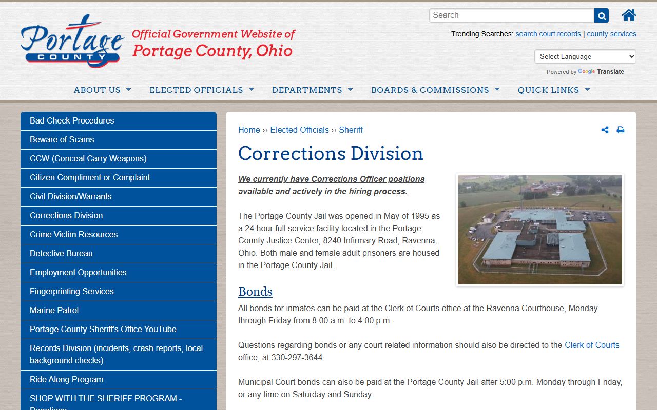 Portage County Jail inmate records and Corrections Division source page