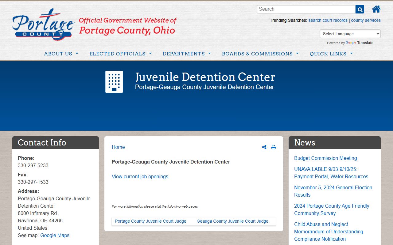 Portage-Geauga County Juvenile Detention Center records and contact source page